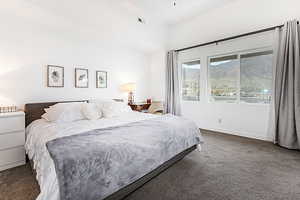 Bedroom featuring dark colored carpet
