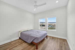 Bedroom featuring wood finished floors, a ceiling fan, and recessed lighting