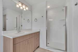 Full bathroom featuring vanity, a stall shower, and light wood-style floors