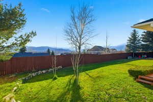 Fenced backyard featuring a mountain view
