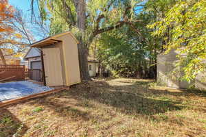 yard featuring a storage shed