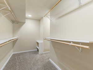 Spacious closet featuring light colored carpet