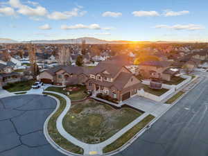 Aerial view of residential area with mountains