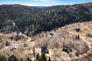 Aerial overview of property's location with a mountain backdrop and a heavily wooded area