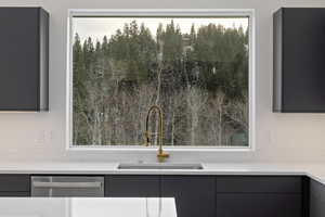 Kitchen view of gray cabinets, dishwasher, light stone countertops, and modern cabinets