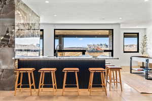 Indoor wet bar featuring finished concrete floors, healthy amount of natural light, and recessed lighting