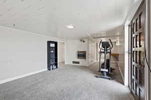 Workout room featuring carpet and heating unit