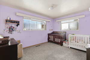 Bedroom featuring a crib and light colored carpet