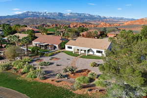 Aerial perspective of suburban area with mountains