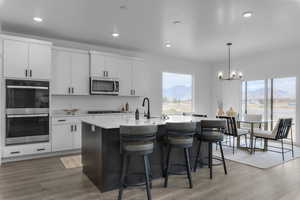 Kitchen with stainless steel appliances, white cabinets, pendant lighting, a chandelier, and a kitchen island with sink