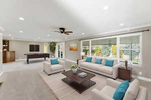 virtually staged to give ideas of layout of furniture