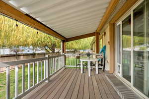 Porch featuring a fenced backyard and outdoor dining area