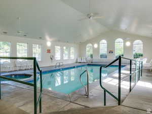 Indoor community pool with ceiling fan