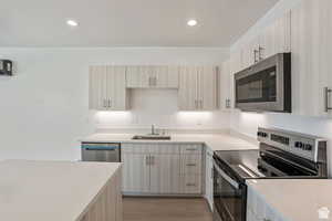 Kitchen with stainless steel appliances, light wood finished floors, recessed lighting, light brown cabinetry, and modern cabinets