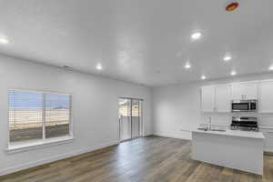 Kitchen with white cabinetry, stainless steel appliances, dark wood-type flooring, recessed lighting, and a kitchen island with sink