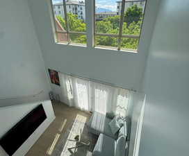 Living room featuring a fireplace, a high ceiling, and light wood-style floors