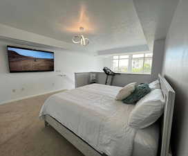Carpeted bedroom featuring a textured ceiling