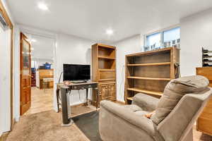 Living room with healthy amount of natural light and light colored carpet