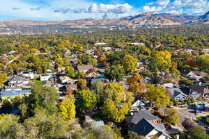 Aerial perspective of suburban area with a mountainous background