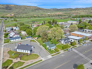 Aerial view of residential area with mountains