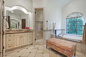 Full bath featuring vanity, a bath, and a shower stall