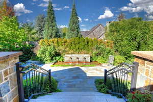 View of patio featuring stairway