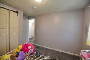 Game room with a barn door, a textured ceiling, and carpet flooring