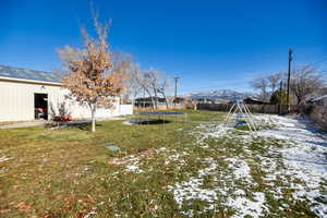 Fenced backyard with a trampoline and an outbuilding