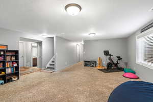 Exercise room featuring carpet floors and a textured ceiling