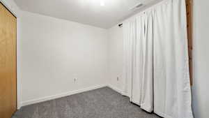 Downstairs bedroom#2. Carpeted bedroom with a closet.