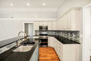 Kitchen featuring stainless steel appliances, backsplash, dark stone countertops, light wood-style floors, and recessed lighting