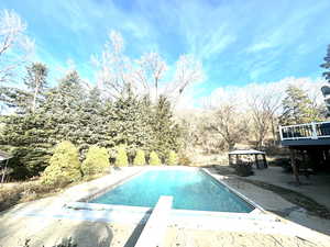 Swimming pool featuring a diving board, a gazebo, and a patio