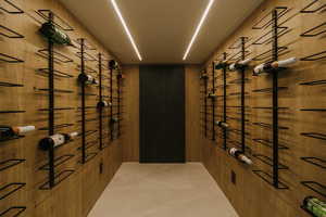 Wine room featuring wood walls