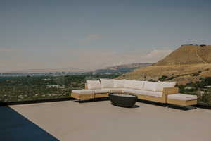 View of patio featuring a mountain view