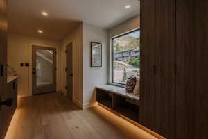 Hallway featuring light wood-style floors and recessed lighting