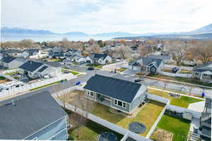 Aerial perspective of suburban area featuring mountains