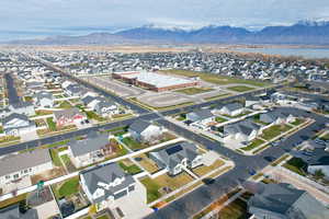 Aerial view of residential area with a mountainous background