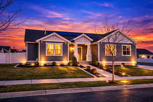 AI Enhanced Twilight. Craftsman house featuring solar panels, a shingled roof, and a porch