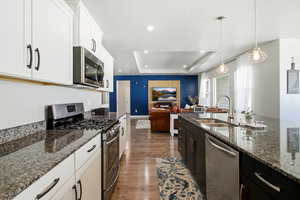 Kitchen with stainless steel appliances, a tray ceiling, dark stone counters, decorative light fixtures, and white cabinets
