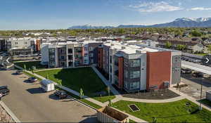 Aerial perspective of suburban area featuring mountains