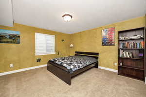 Bedroom with carpet floors and a textured wall
