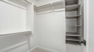 Spacious closet with light carpet