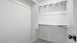 Walk in closet featuring light carpet