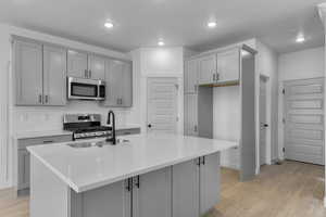 Kitchen featuring gray cabinetry, stainless steel appliances, light wood-style floors, and recessed lighting