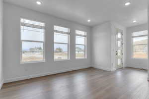 Spare room featuring light wood finished floors and recessed lighting