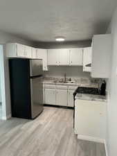 Kitchen featuring light countertops, freestanding refrigerator,