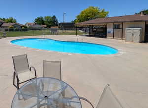 Resort-style pool area featuring a kidney-shaped pool, expansive concrete decking, covered patio structure, and a dedicated storage shed