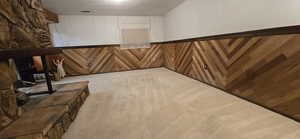 Bonus room with wood walls, wainscoting, carpet floors, and a textured ceiling