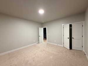 Unfurnished bedroom featuring carpet and a closet