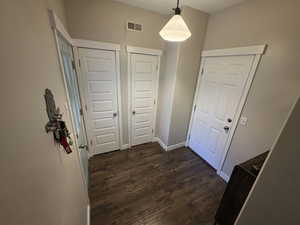 Foyer entrance with baseboards and dark wood-type flooring